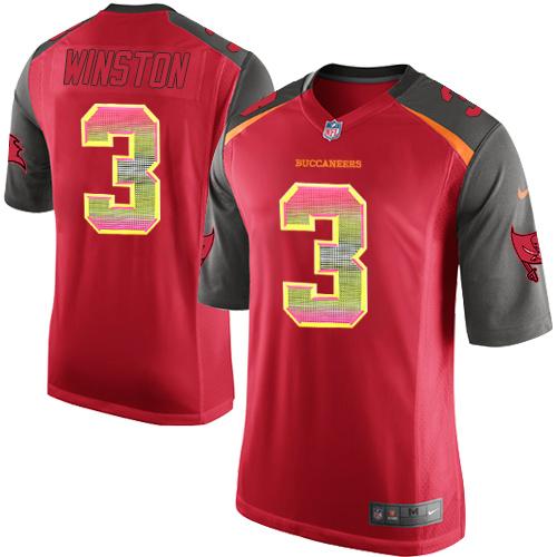 Nike Buccaneers #3 Jameis Winston Red Team Color Men's Stitched NFL Limited Strobe Jersey - Click Image to Close